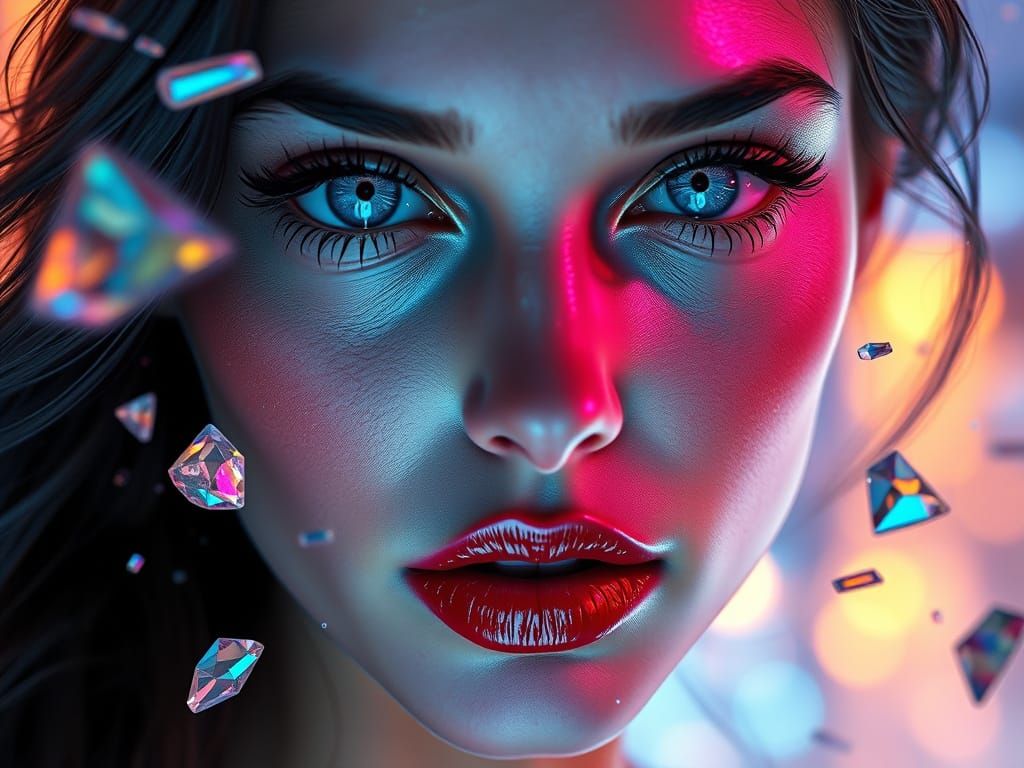 Surreal Futuristic Portrait of a Woman with Iridescent Cryst...