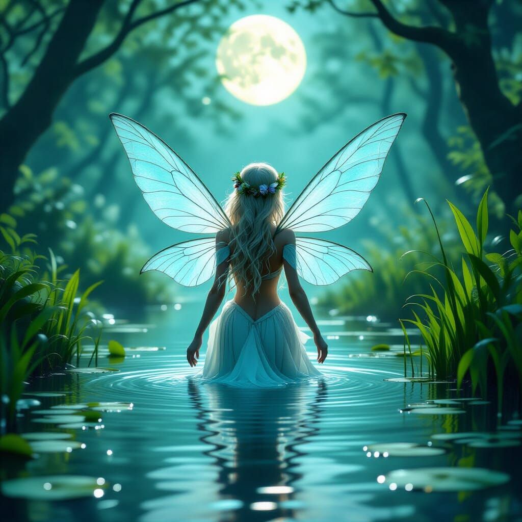 Water Fairy Emerges from Forest Pond in Photoreal Style