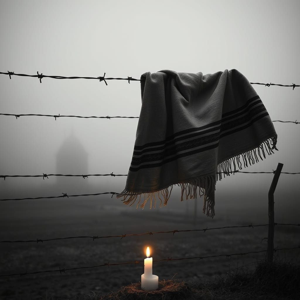 A Haunting Black and White Image of a Worn Prayer Shawl in a...