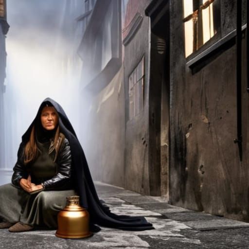 Bear Woman Beggar in Dirty Alley, Watercolor Style