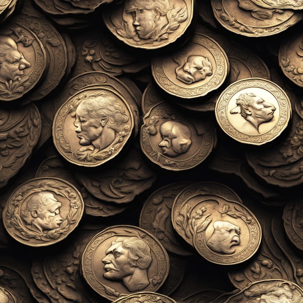 Baroque-Inspired Digital Painting of Glistening Silver Coins