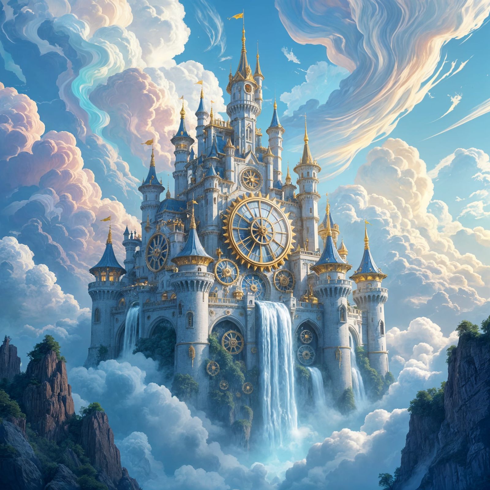 Clockwork Castle Floating in Ethereal Sky