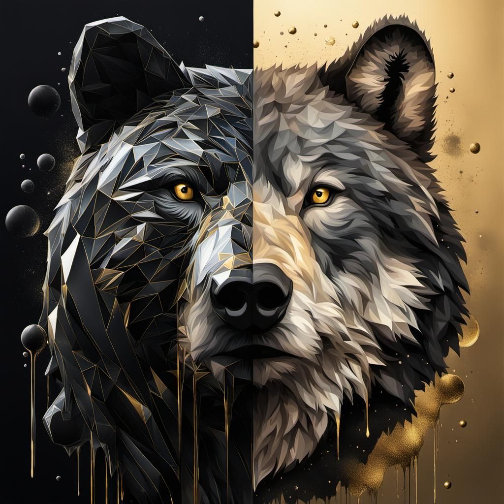 Split Screen Bear and Wolf in Contrasting Styles
