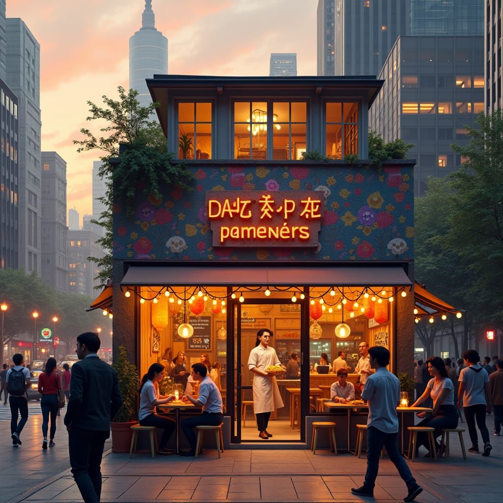 Futuristic Cityscape at Golden Hour with Ramen Shop