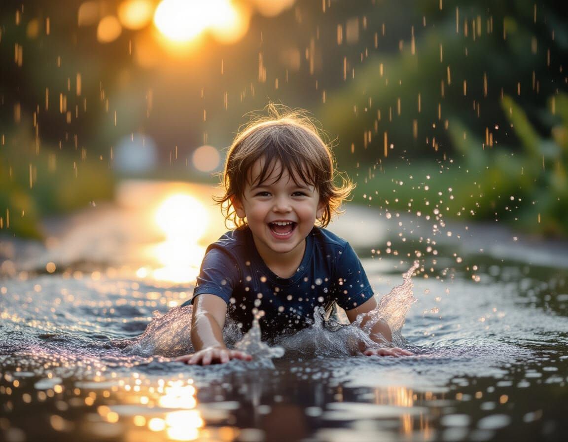 Child Splashing in Puddles at Golden Hour