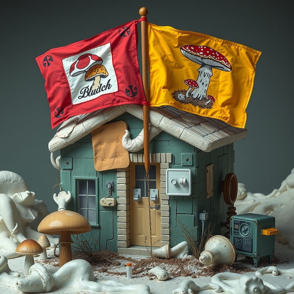 Brutalist Gum Cabin with Mushroom Flags in Industrial Abstra...