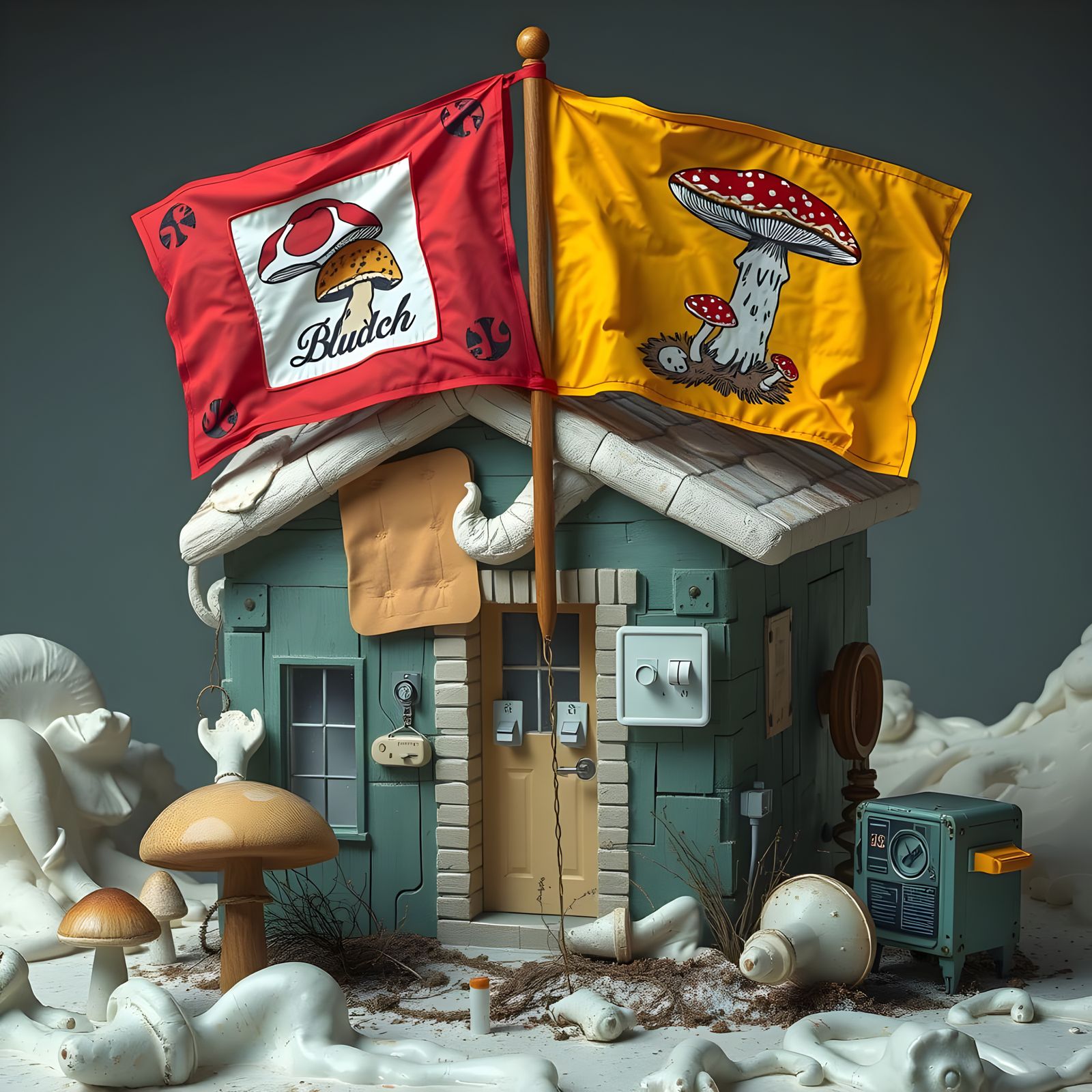 Brutalist Gum Cabin with Mushroom Flags in Industrial Abstra...