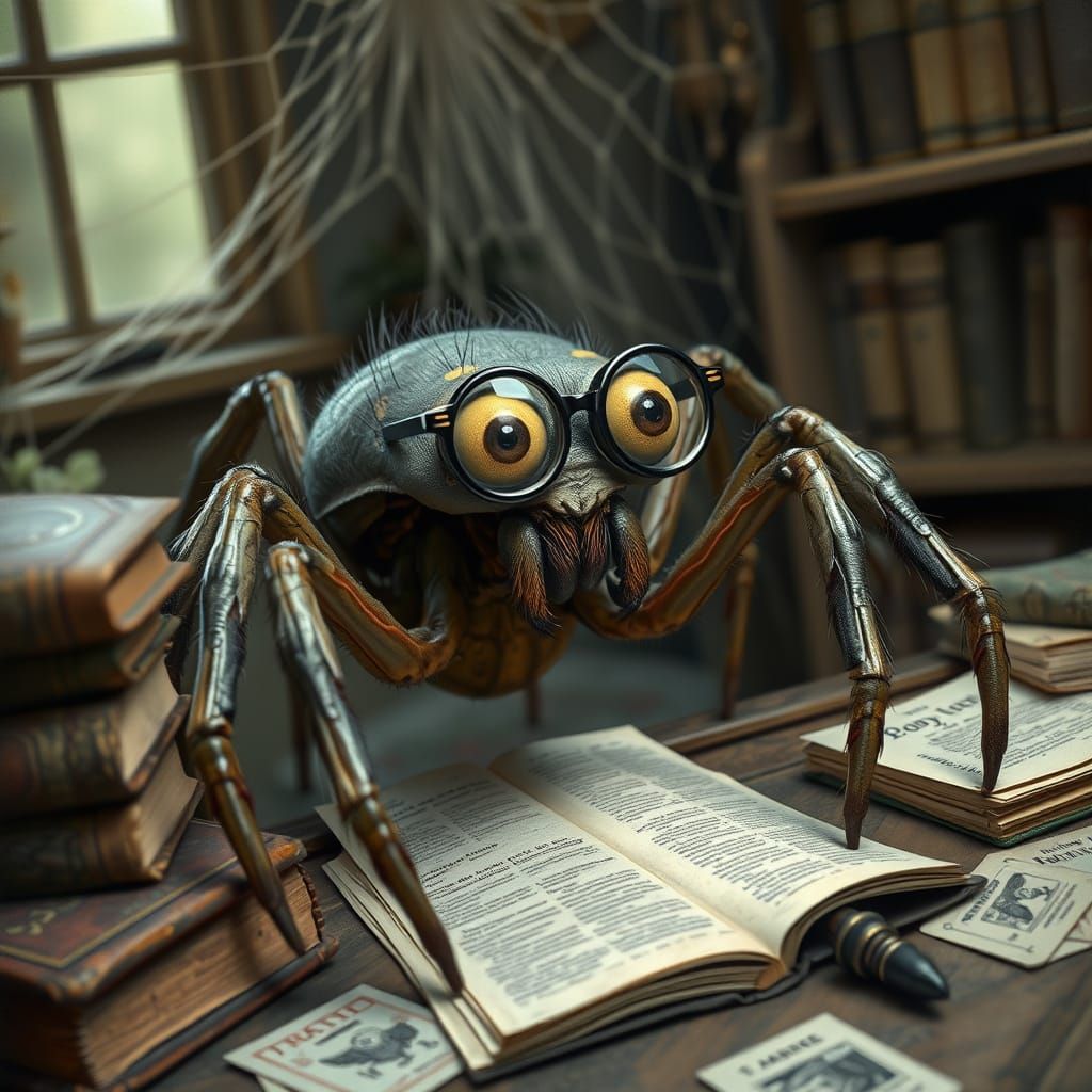 Whimsical Spider Scholar in Study