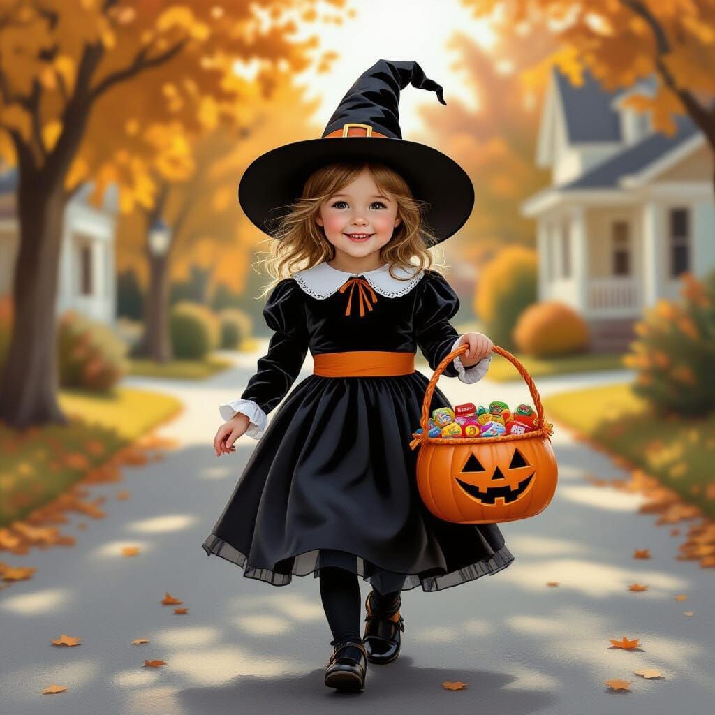 Happy Little Witch Girl with Candy Basket on Halloween