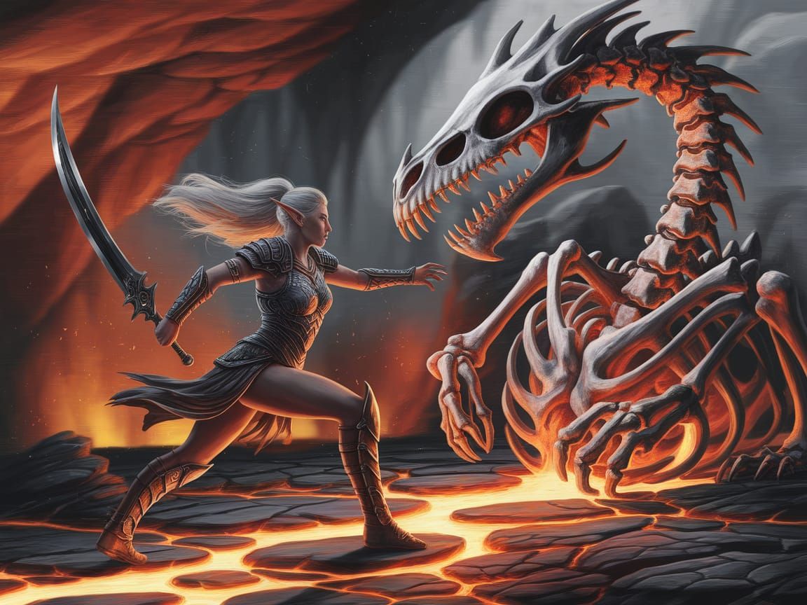Elf Warrior Battles Bone Dragon: Digital Art