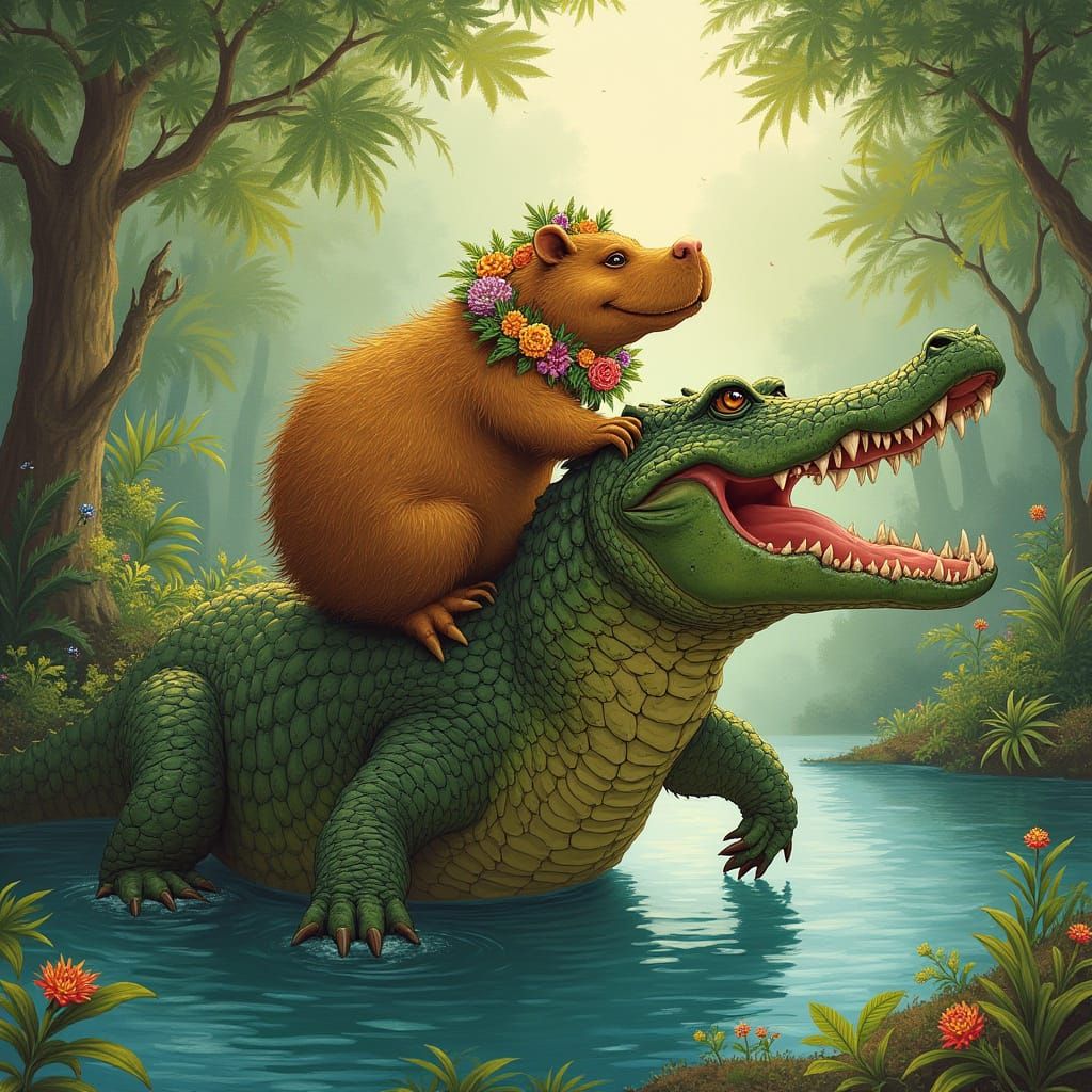 Capybara Rides Majestic Crocodile in Tropical Paradise