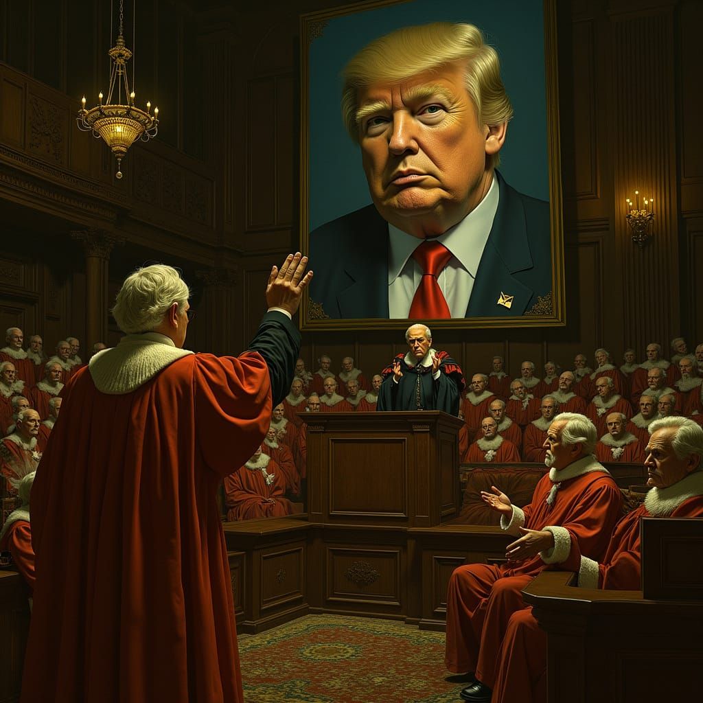 Courtroom Scene with Trump Portrait in Oil Painting Style