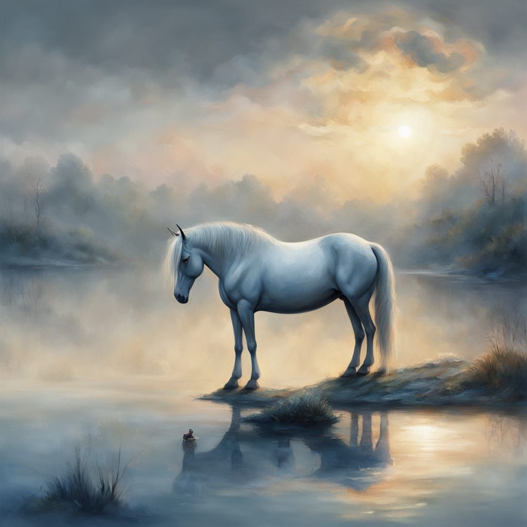 Surrealist Oil Painting of Woman by Misty Lake at Dawn