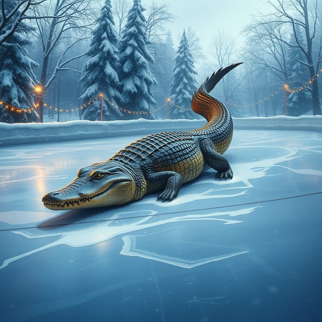 Majestic Saltwater Crocodile Glides Across Frozen Ice Rink i...