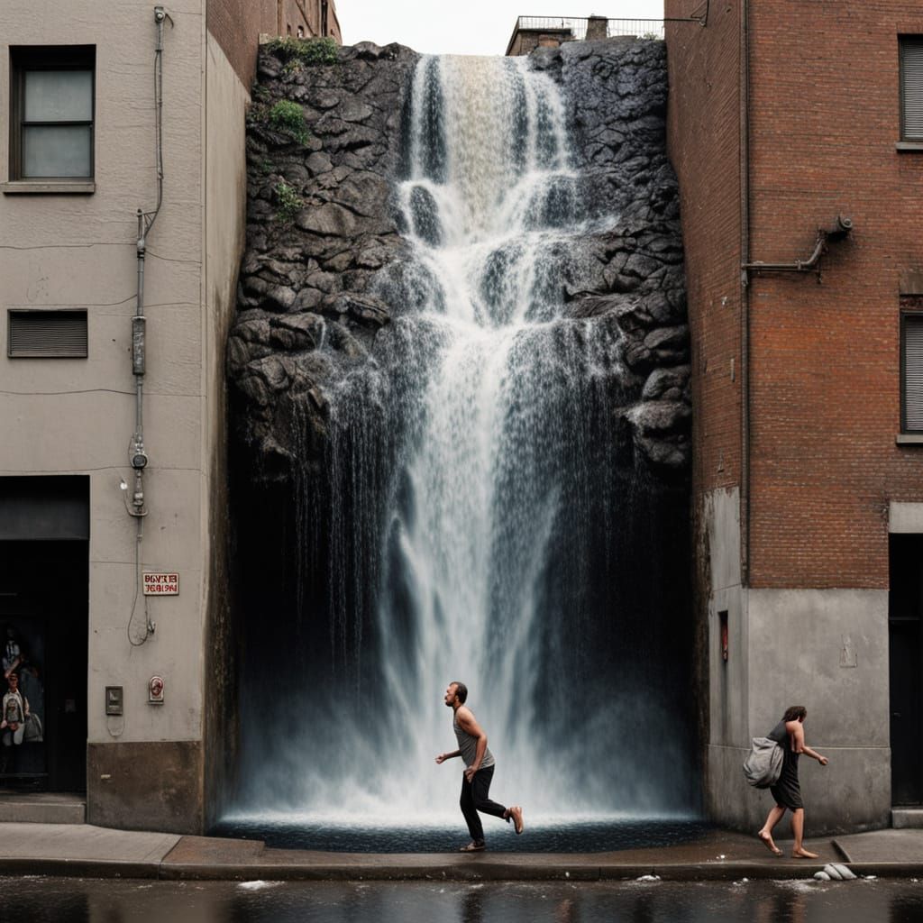Dan Witz, street art, a real waterfall pouring out of a wall...