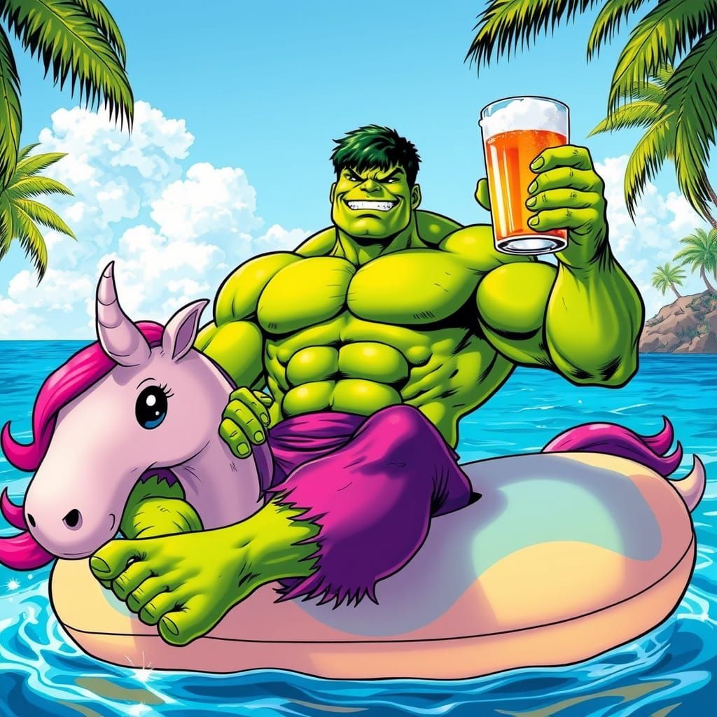 Vibrant Hulk Character on Colorful Unicorn Floaty