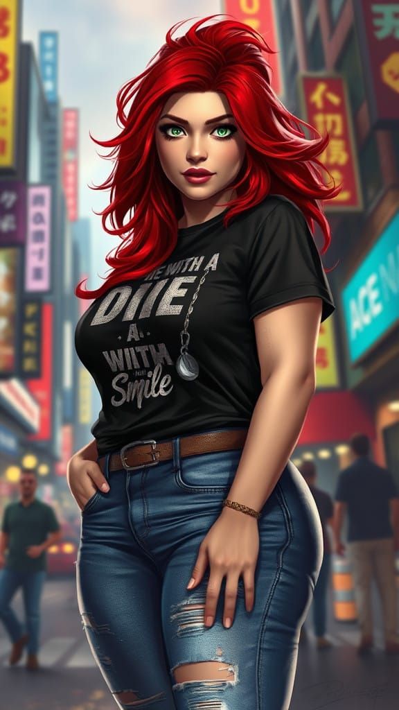 Fantasy Realism Portrait of Redheaded Woman in Acid Wash Jea...