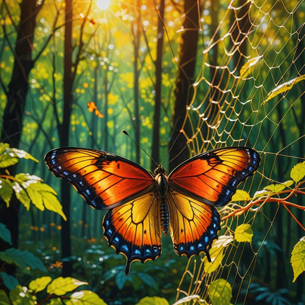 Vibrant Fauvist Scene of a Butterfly on a Spider Web