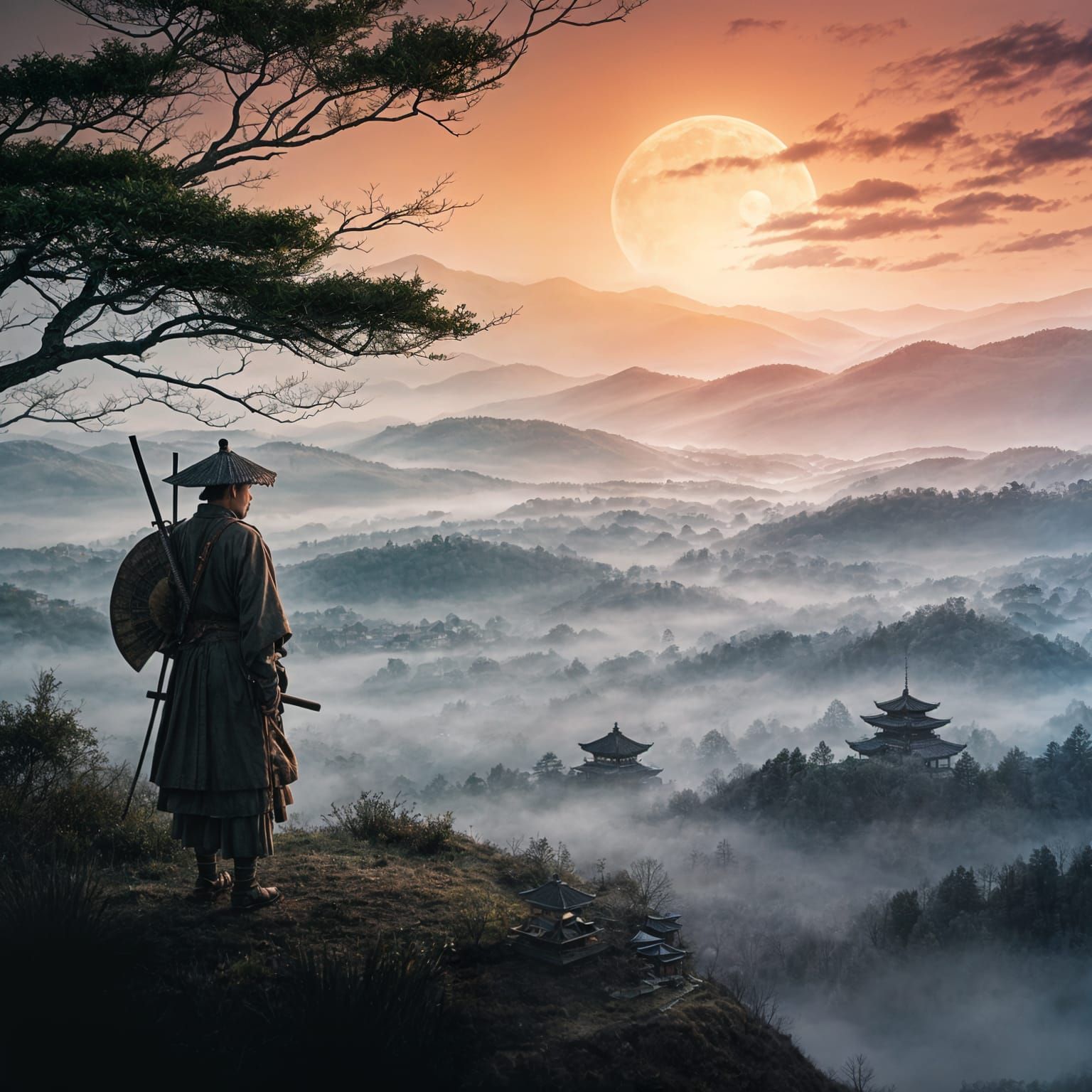 Samurai on Misty Mountaintop Overlooking Hidden Village