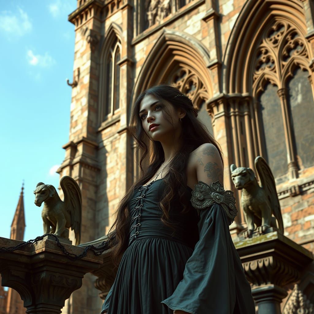 Mysterious Girl in Gothic Cathedral with Gargoyles