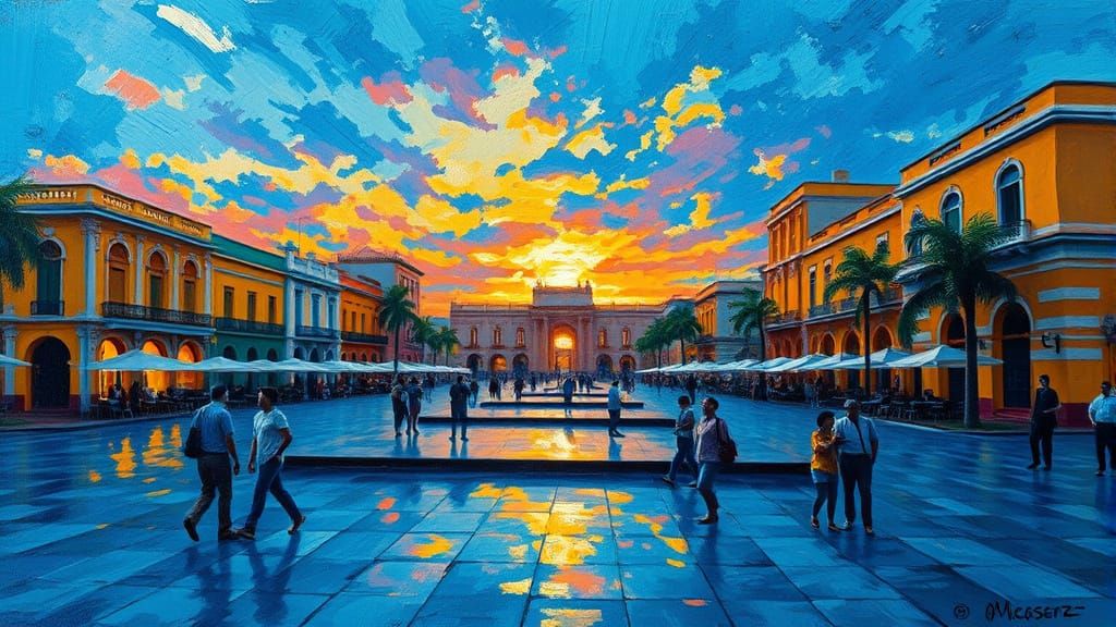 Marco Zero Square: Impressionist Painting at Sunset