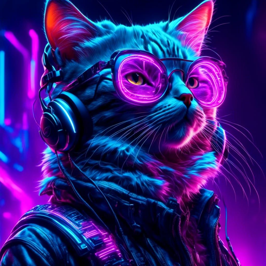 Cyberpunk Cat in Neon Cyberspace