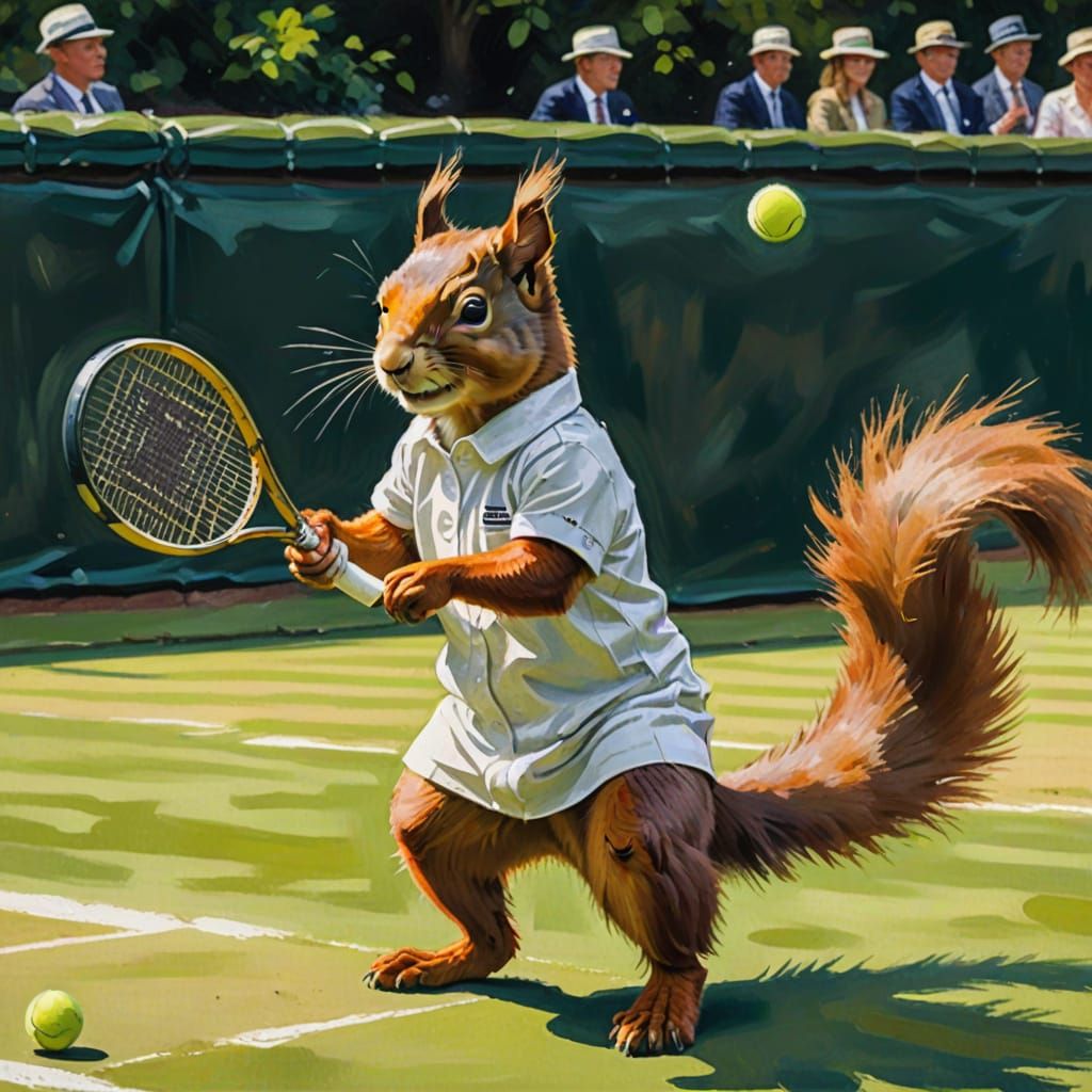 Thirties, a red squirrel in tennis whites playing tennis at ...
