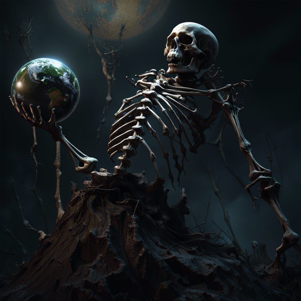 Crushed: Skeleton Holds Earth in Dark Fantasy Art