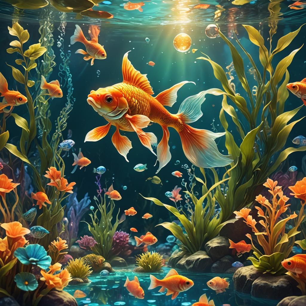 Goldfish in Ornate Aquarium: Fantasy Digital Art
