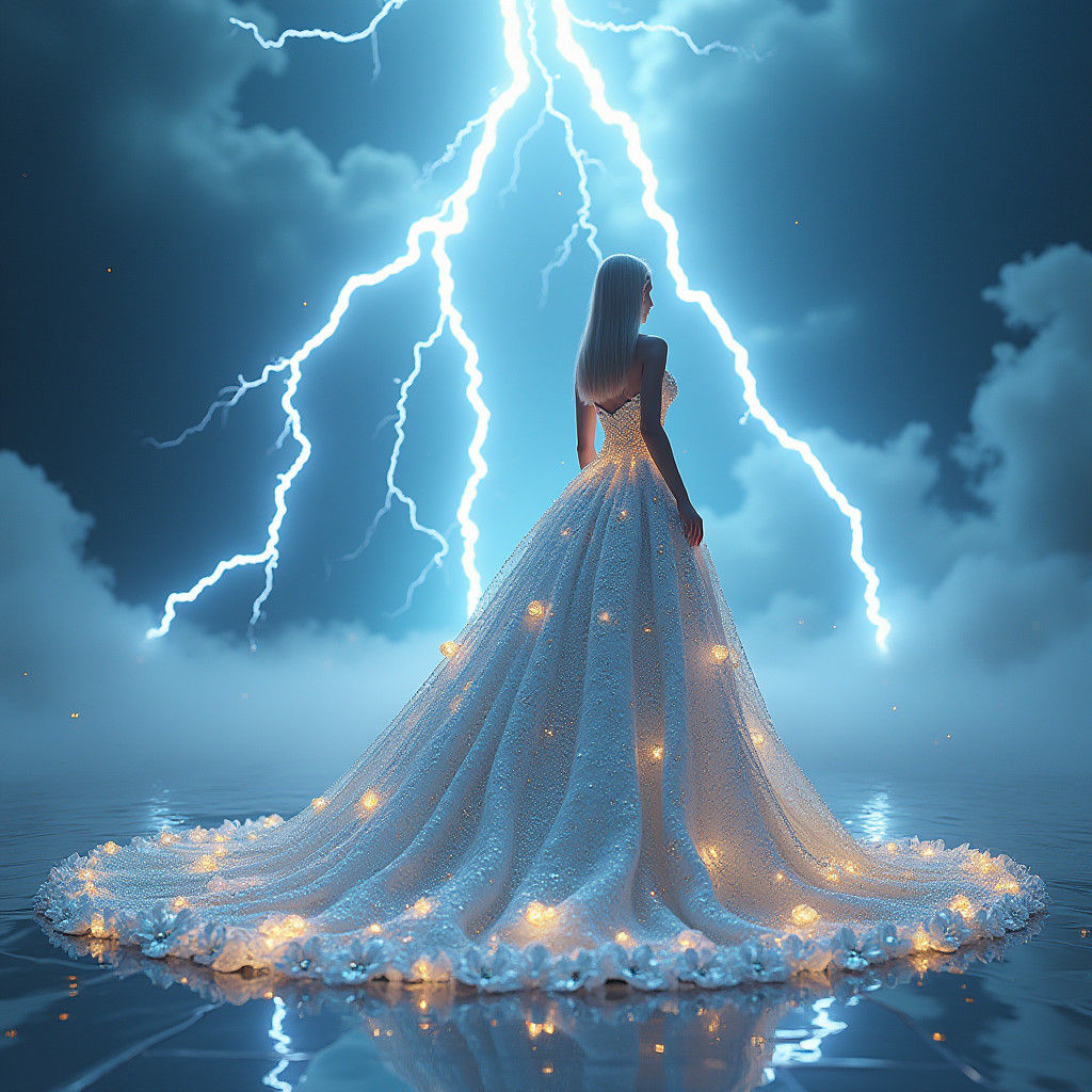 Woman in Crystal Gown Lit by Lightning