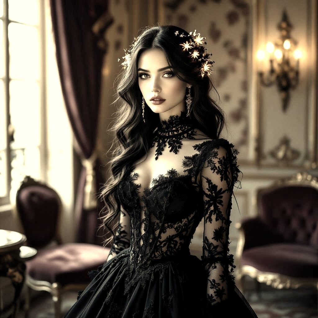 Ethereal Gothic Woman in Parisian Salon