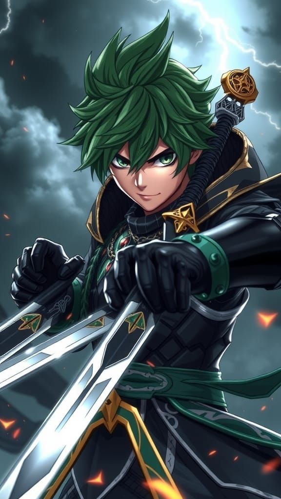 Green-Haired Warrior with Three Swords in Anime Style