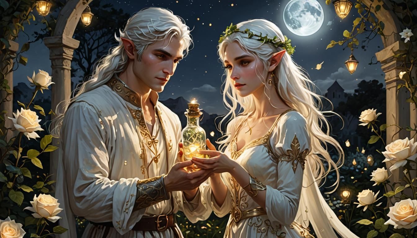 Moonlit Elf Dance in White Rose Garden