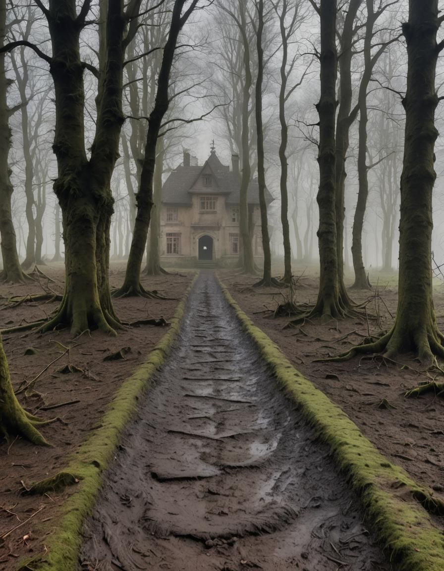 Misty Manor Silhouette at Forest Path's End