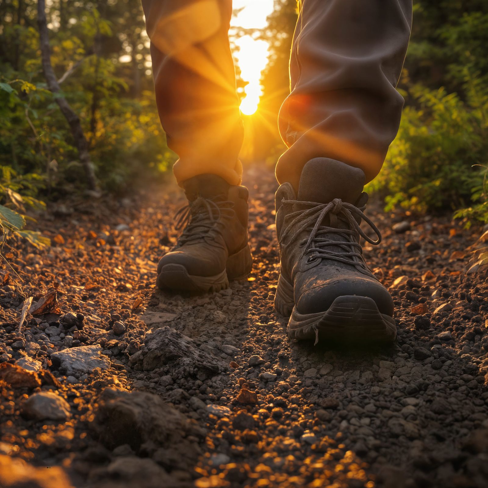 Macro Photo of Muddy Hiking Boots on Forest Trail