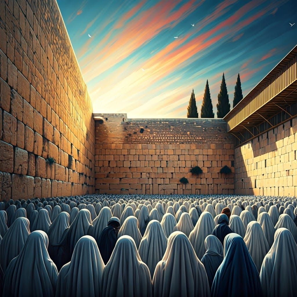 Aerial View of Western Wall with White Headscarves