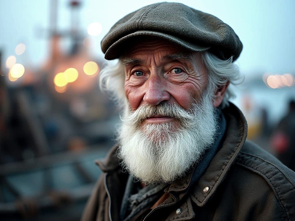 Weathered Fisherman Captured in Serene Harbor Scene