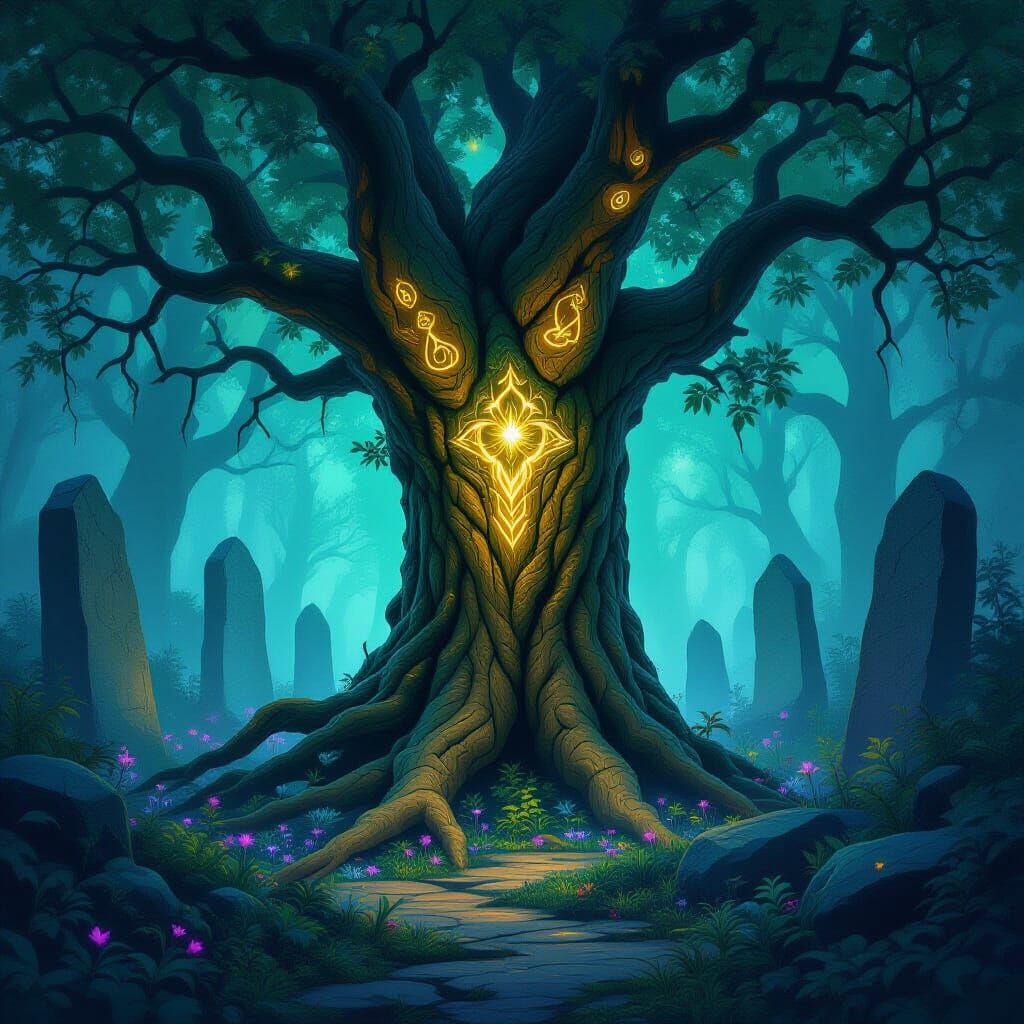 Glowing Runed Treant Guardian in Dark Fantasy Art