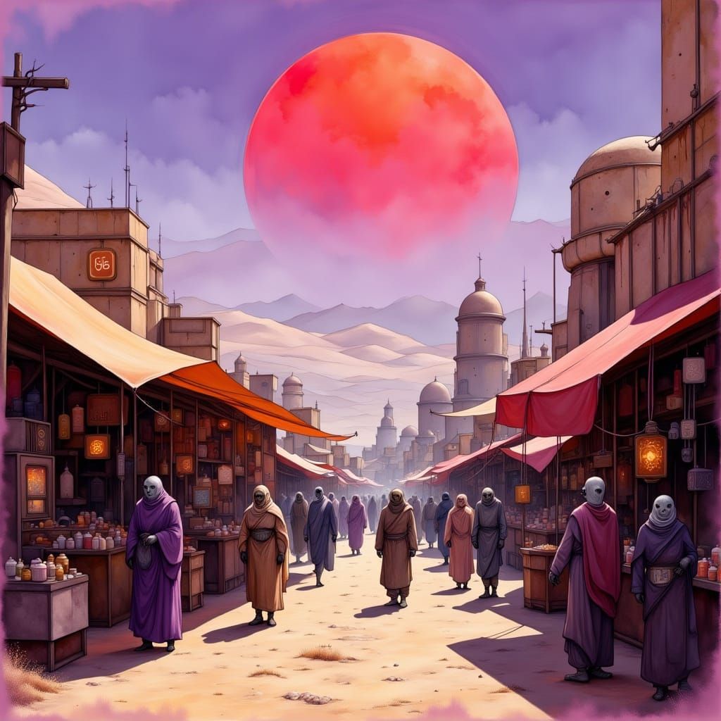 <lora:Liquid Ink Flux:1.0> Bustling, sun‑blasted bazaar on a desert world  of "Tatooine" straight out of Star Wars. The ...