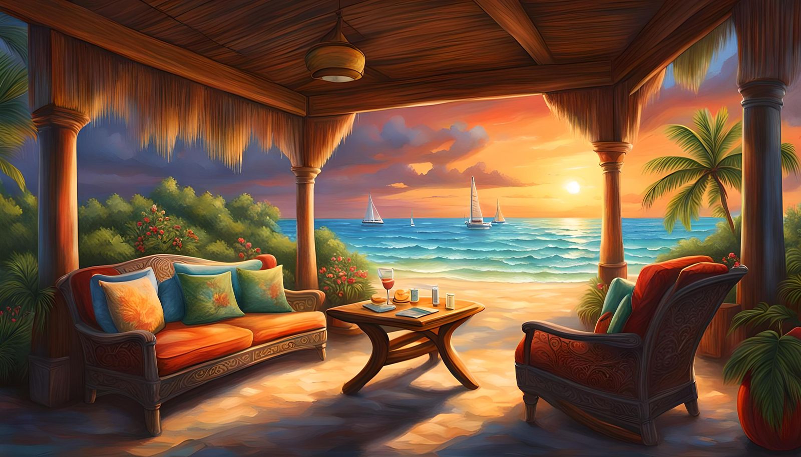 Tropical Sunset Beach with Bahama Mama Drink