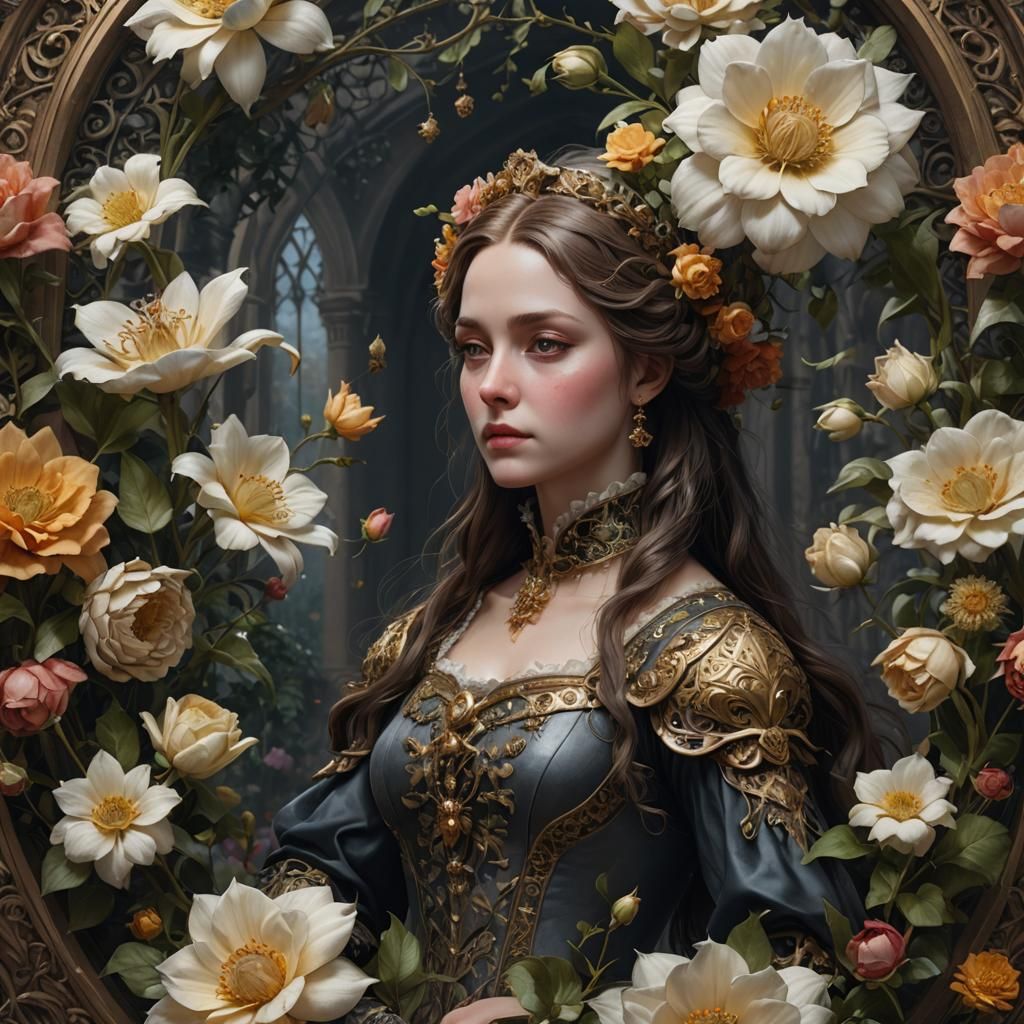 Renaissance Gothic Lady with Flowers in Fantasy Artwork