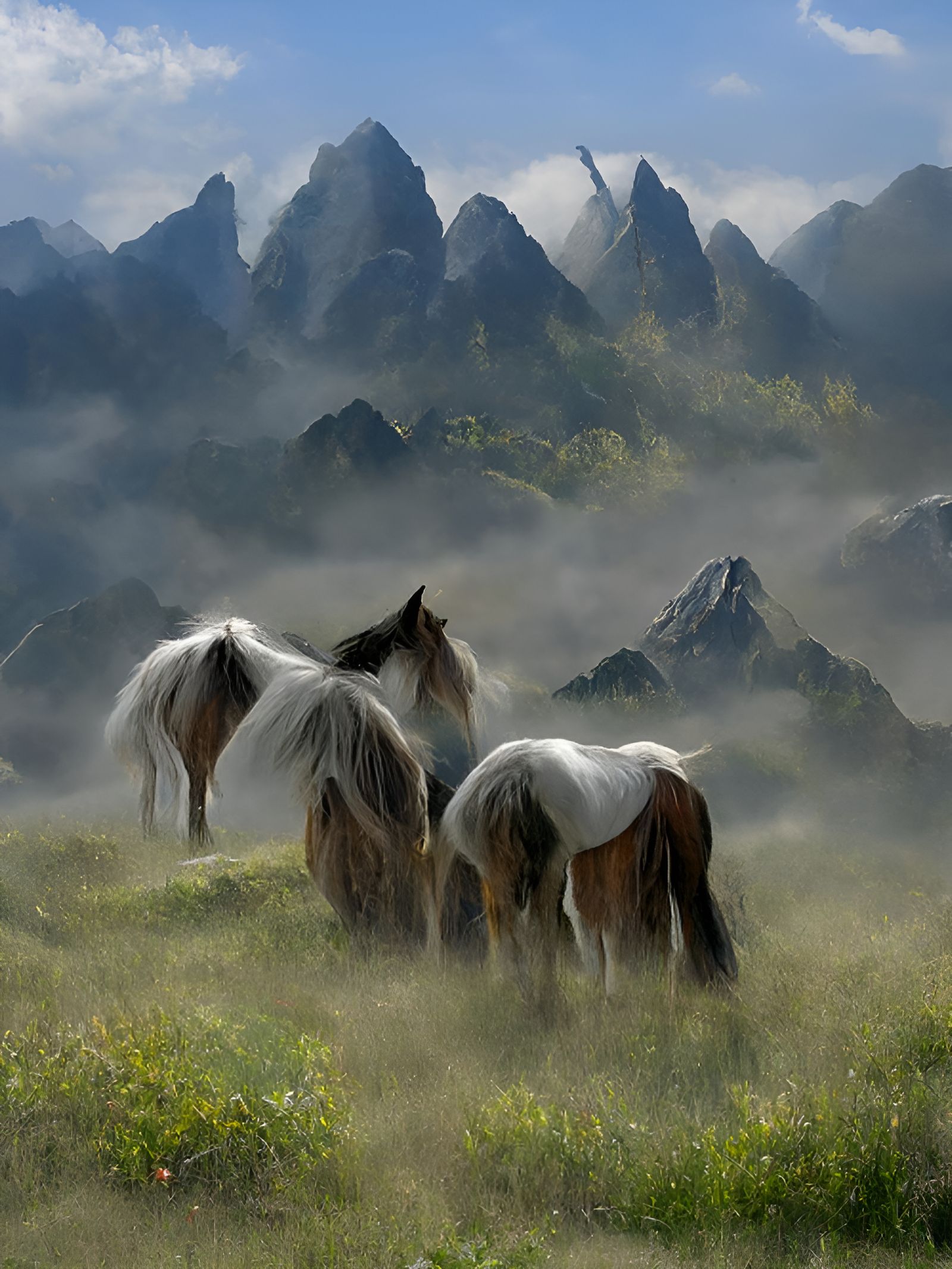 Horses in Misty Mountain Landscape