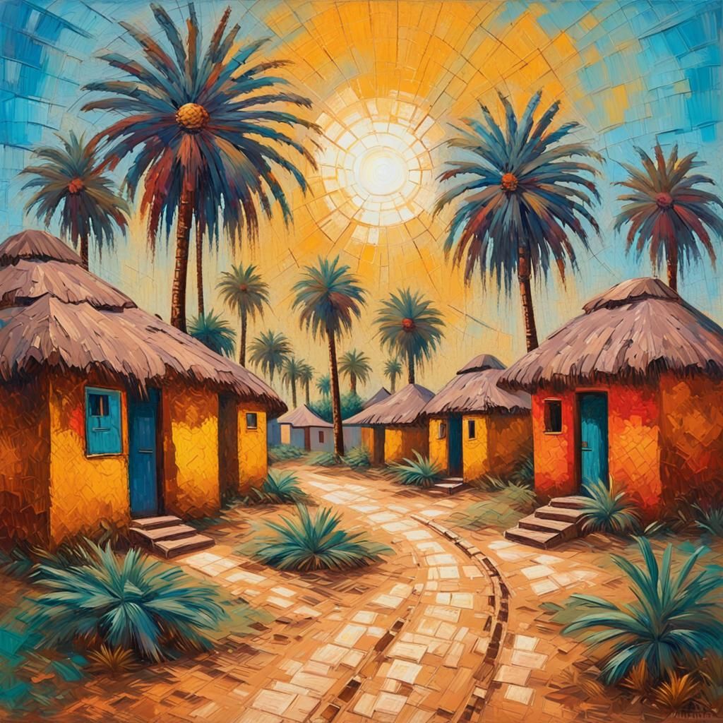 Futuristic African Village in Neo-Impressionist Style