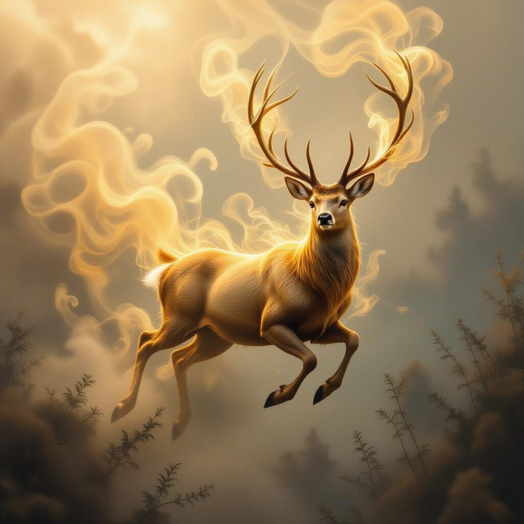 Golden Smoke Deer in Ethereal Landscape
