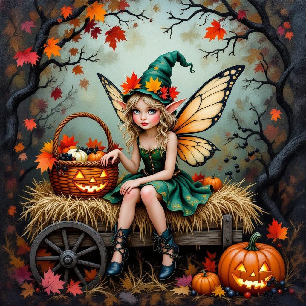 Digital art of a whimsical illustration, a small fairy pixie...