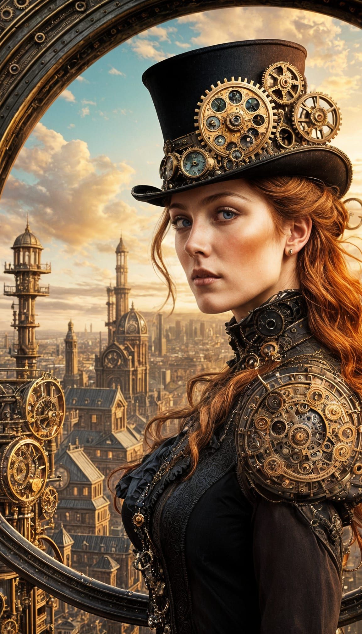 Steampunk Cityscape: Pre-Raphaelite Woman in Top Hat