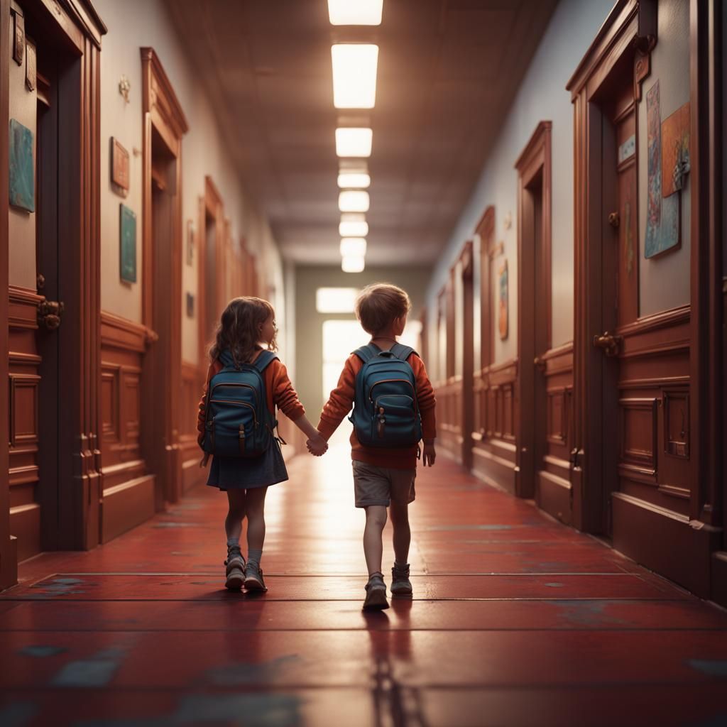 Children Holding Hands in School Hallway: Fantasy Art