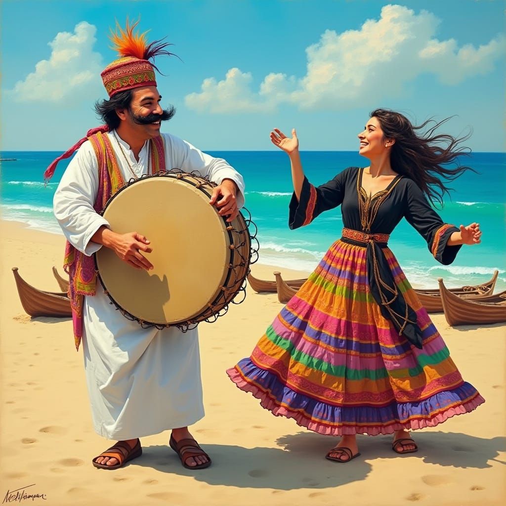 Southern Iranian Man Plays Damam Drum with Dancer