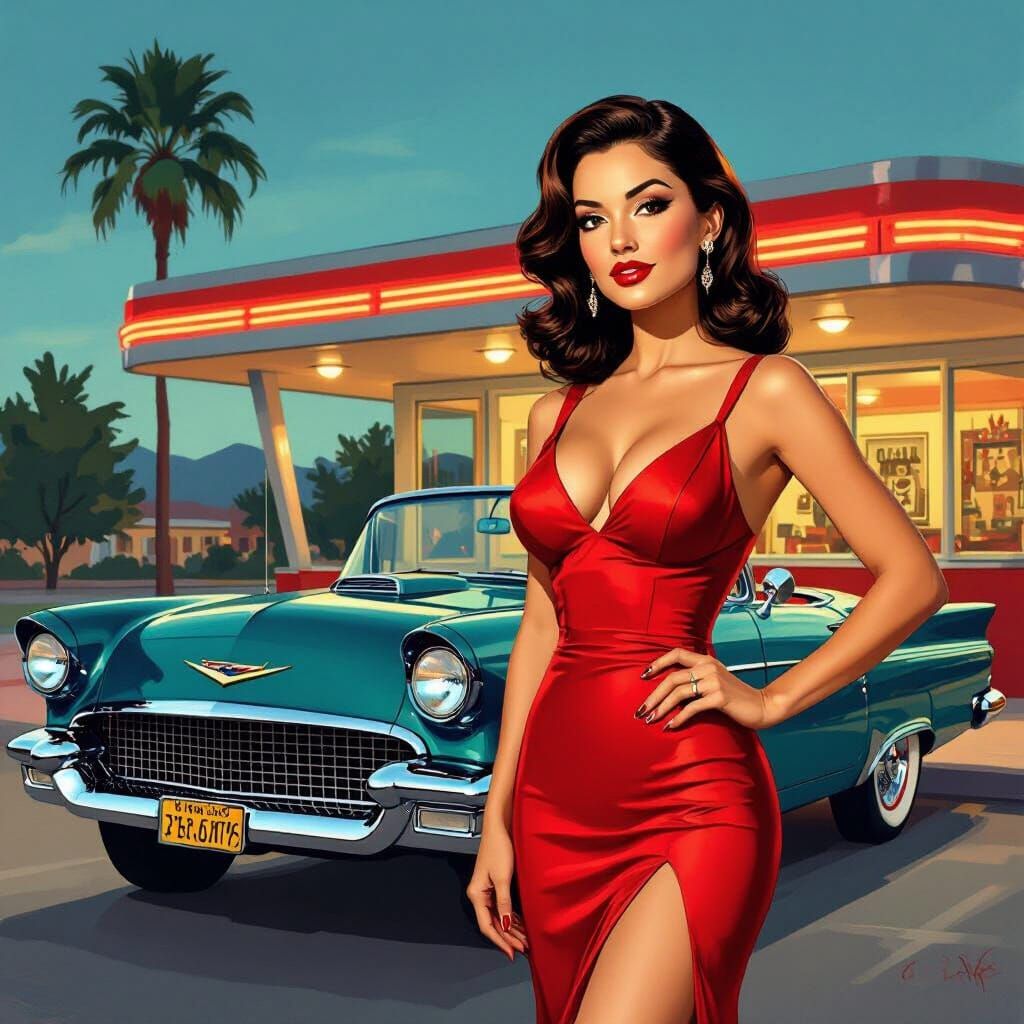 Latina in Red Dress at 1950s Diner, Vargas Style