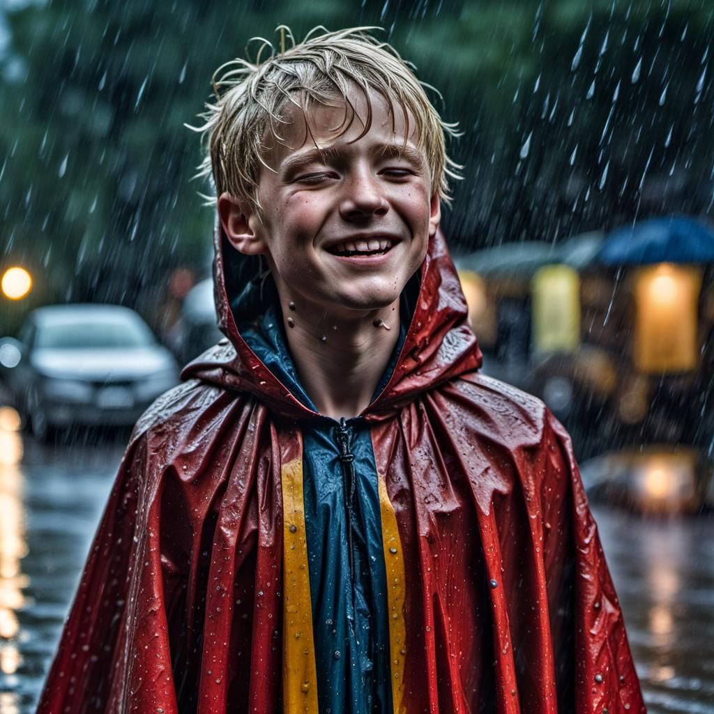 Barefoot Blond Boy Smiles in the Rain